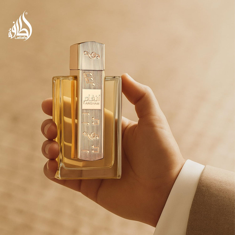 Lattafa Angham box open to reveal packaging and bottle.