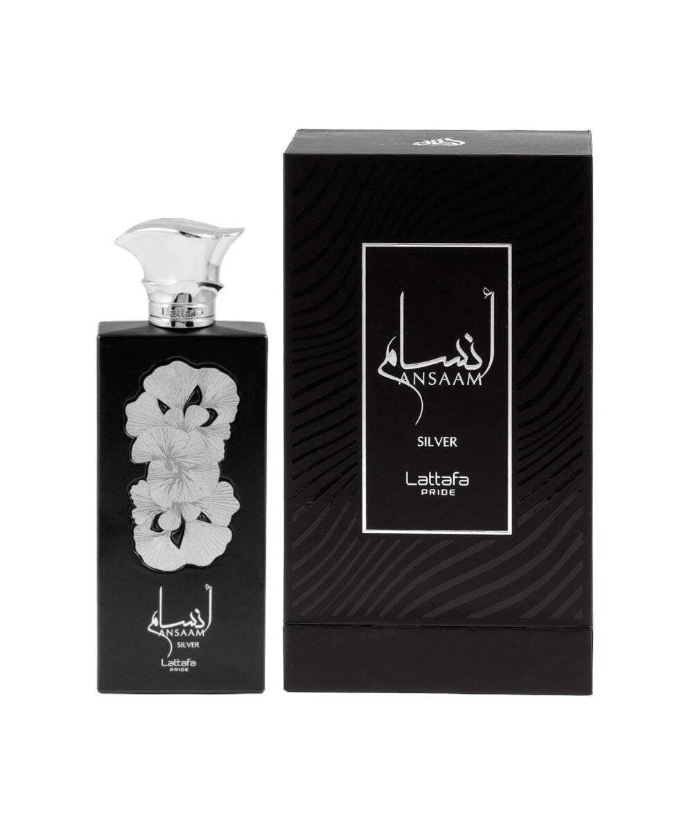 Lattafa Ansaam Silver bottle close-up, warm amber-vanilla base for versatile wear