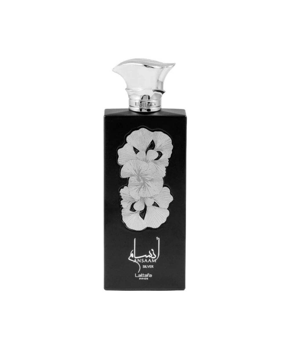 Lattafa Ansaam Silver bottle top view, unisex fragrance with a fresh-spiced opening