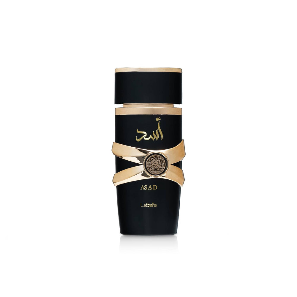Lattafa Asad bottle closeup showing refined oud‑musk presence for everyday prestige