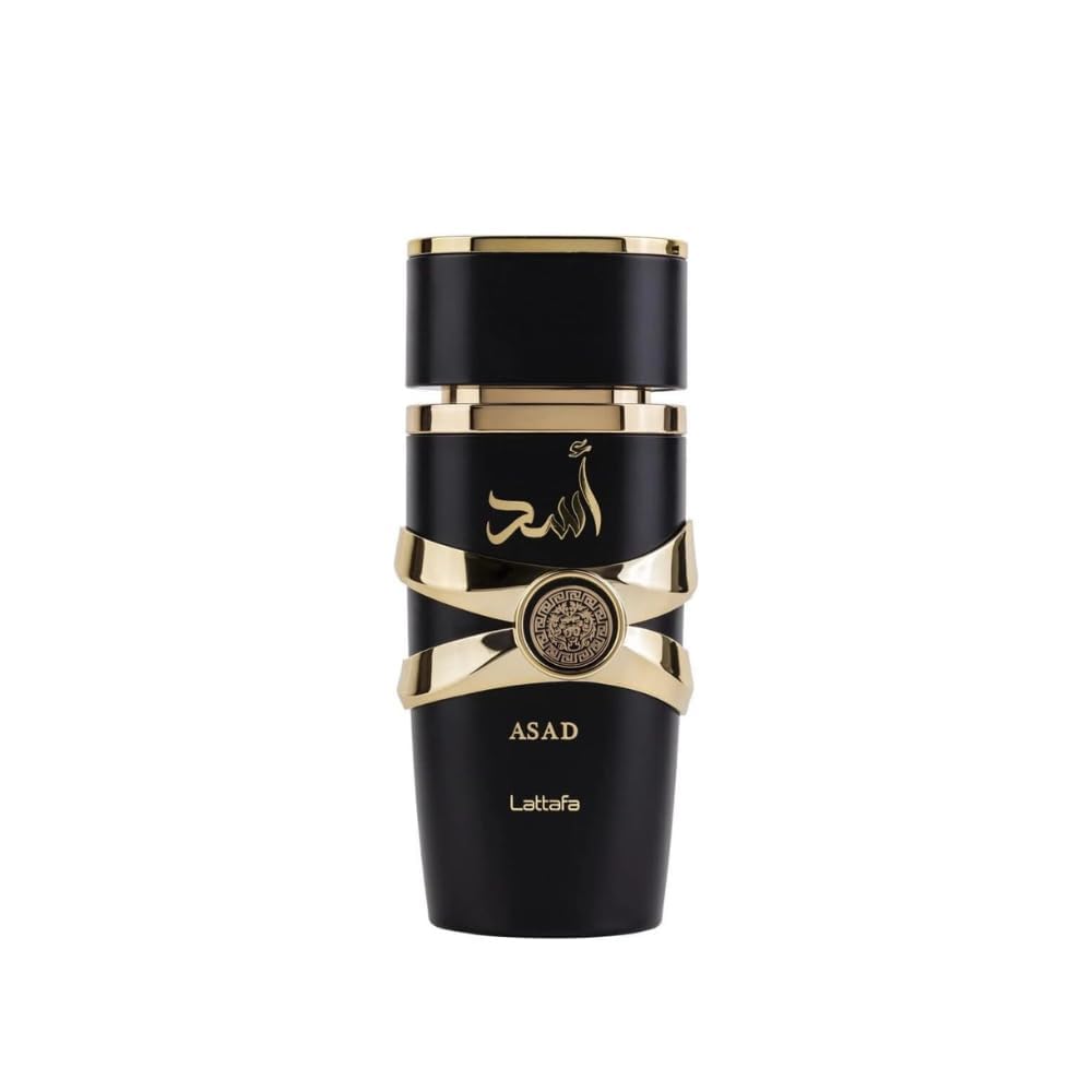 Lattafa Asad bottle front view shows a sleek unisex design.