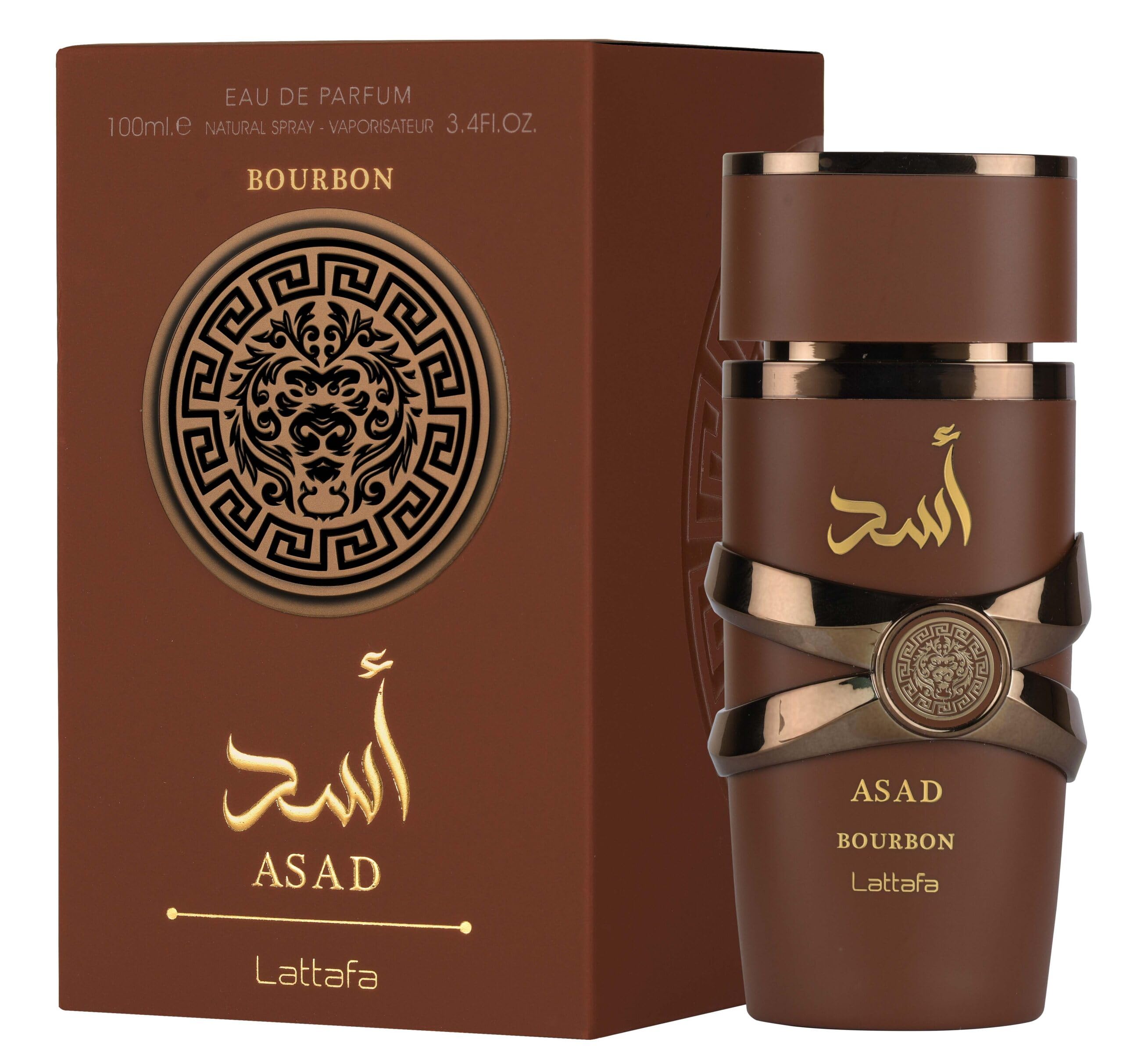 Lattafa Asad Bourbon bottle closeup with cap, premium design for refined fragrance lovers