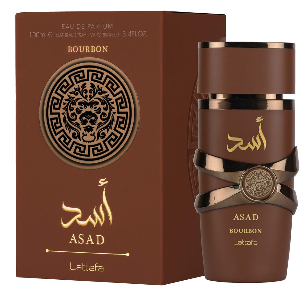 Lattafa Asad Bourbon bottle closeup with cap, premium design for refined fragrance lovers