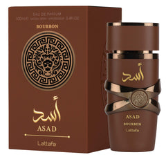 Lattafa Asad Bourbon bottle closeup with cap, premium design for refined fragrance lovers