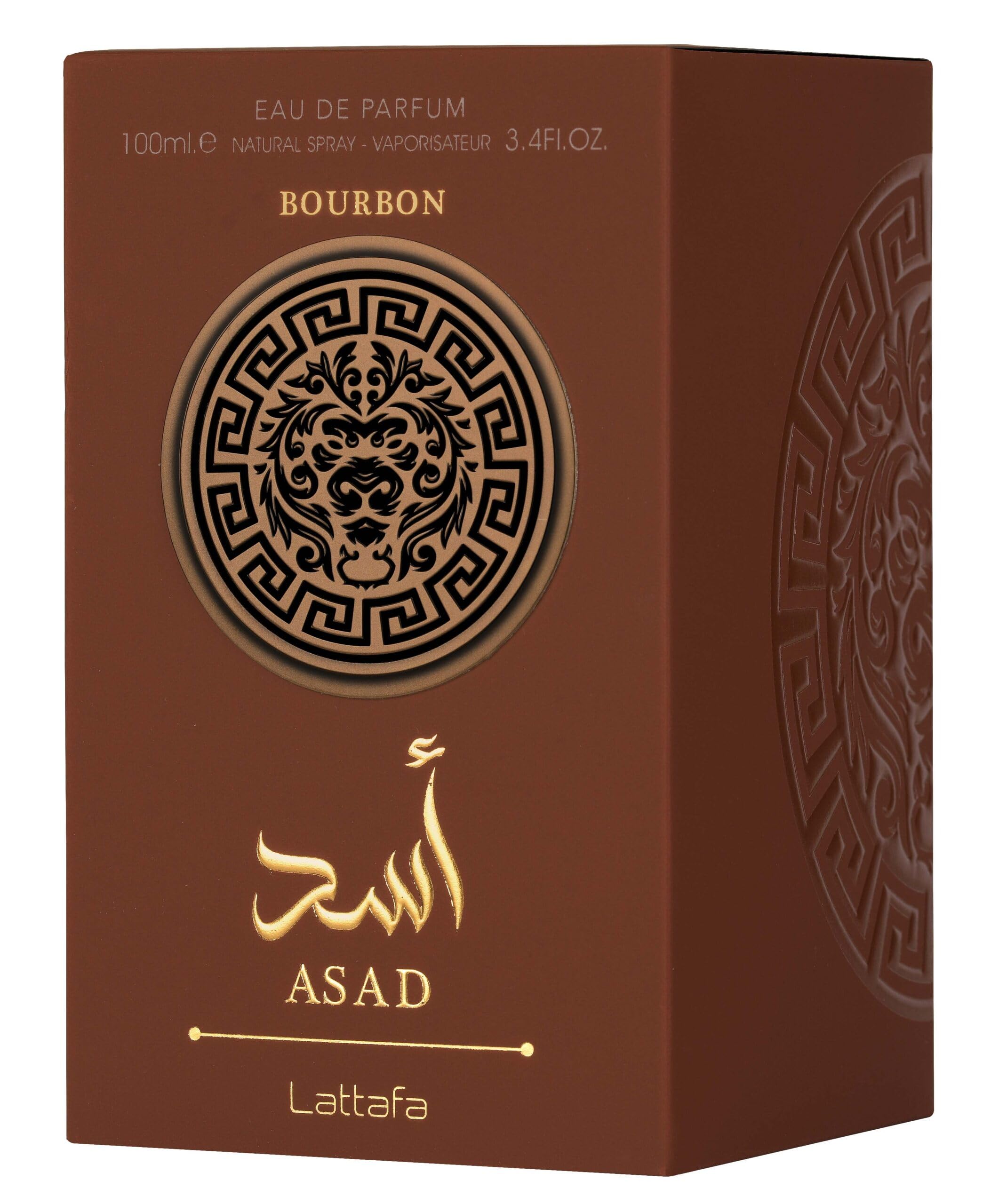 Lattafa Asad Bourbon bottle tilted, catching light to showcase its luxurious finish