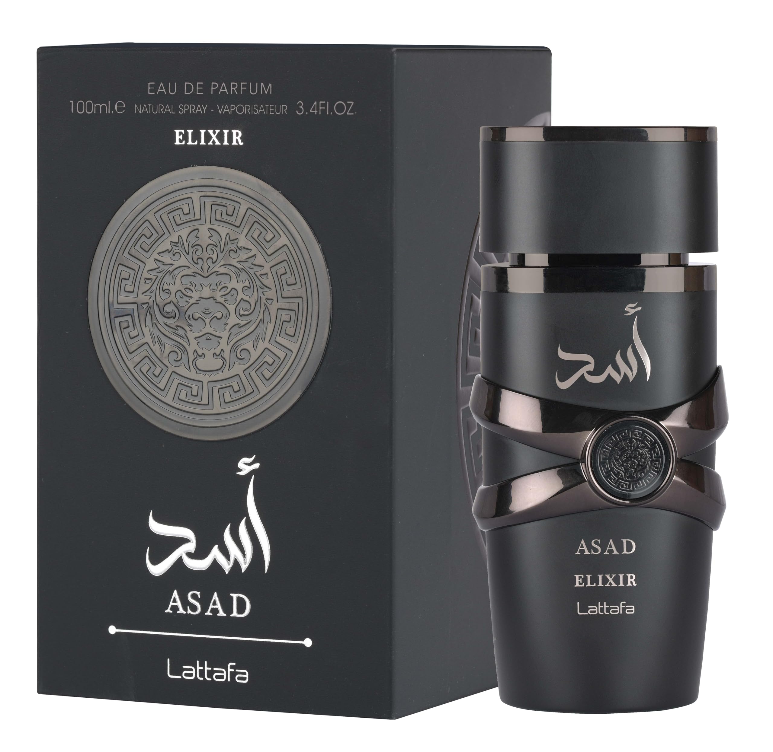 Lattafa Asad Elixir EDP bottle front view, signaling a bold evening fragrance