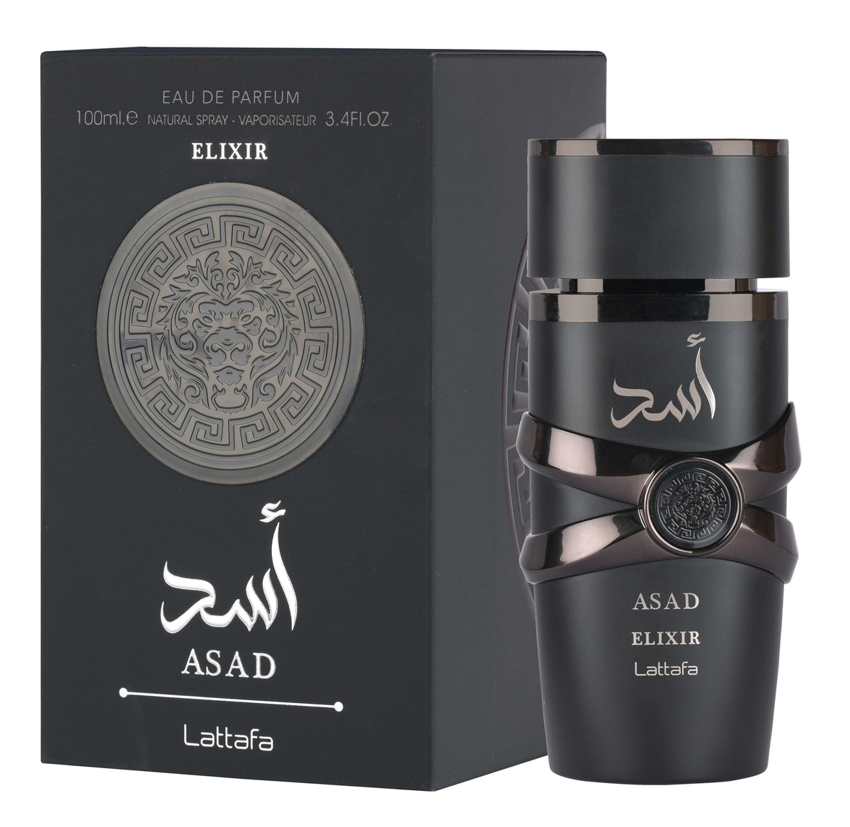Lattafa Asad Elixir EDP bottle front view, signaling a bold evening fragrance