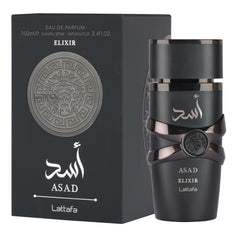 Lattafa Asad Elixir EDP bottle front view, signaling a bold evening fragrance
