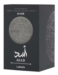 Lattafa Asad Elixir EDP top notes opening with pink pepper, saffron, grapefruit