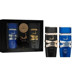 Lattafa gift set display with two 3.4 oz bottles showcasing modern masculine design