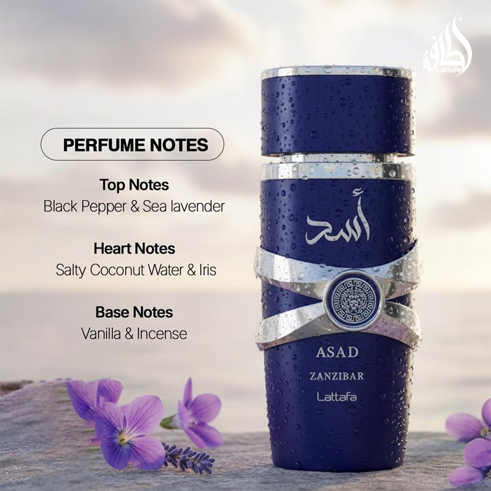 Lattafa Asad Zanzibar base notes of vanilla and incense for lasting warmth and depth