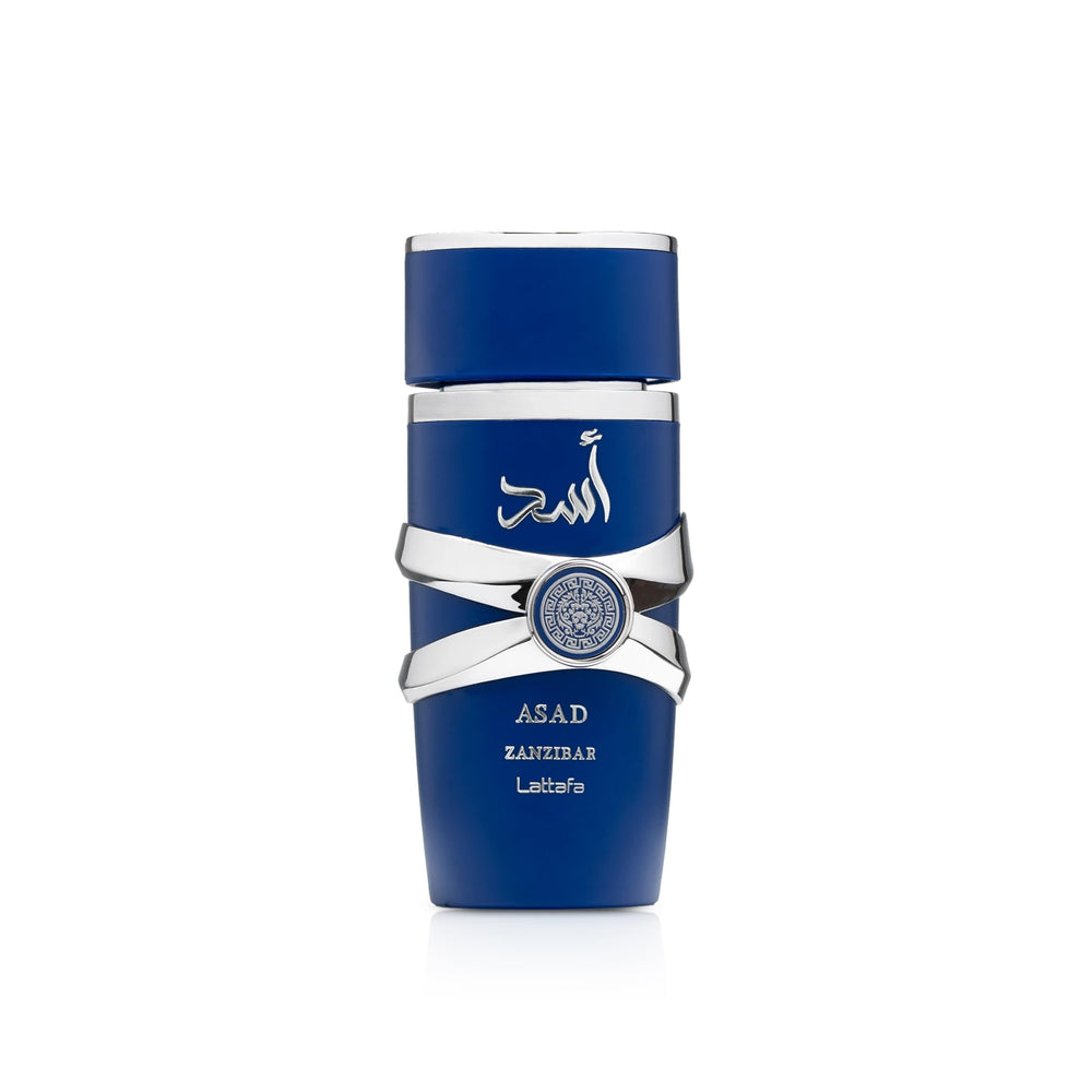 Lattafa Asad Zanzibar bottle close-up highlighting spicy notes and coconut hints for everyday wear