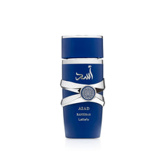 Lattafa Asad Zanzibar bottle close-up highlighting spicy notes and coconut hints for everyday wear