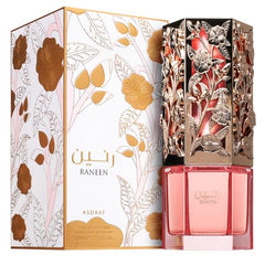 Lattafa Asdaaf Raneen bottle closeup, showcasing luxurious fragrance notes.