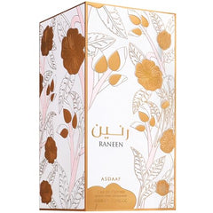 Lattafa Asdaaf Raneen packaging box, hinting at premium feminine appeal.