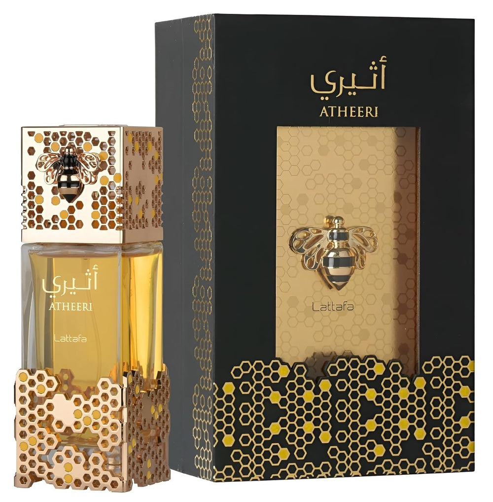 Lattafa Atheeri bottle side view highlighting sleek design and premium finish