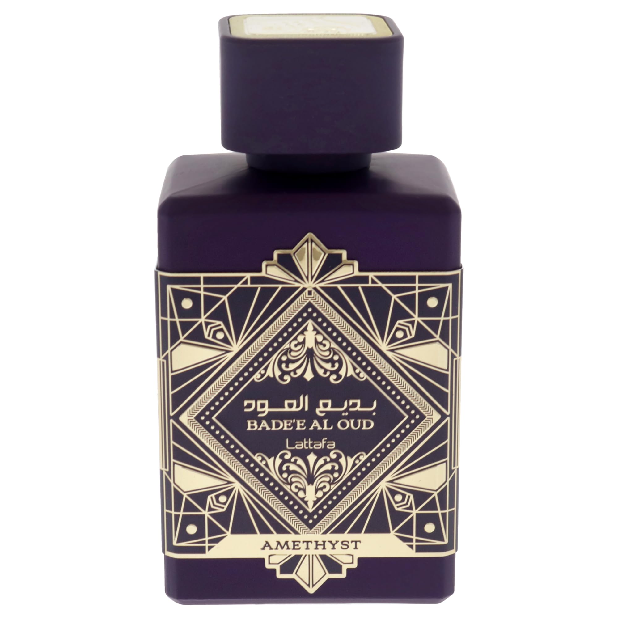 Lattafa Bade'e Al Oud Amethyst bottle side highlights sleek silhouette and premium aura.