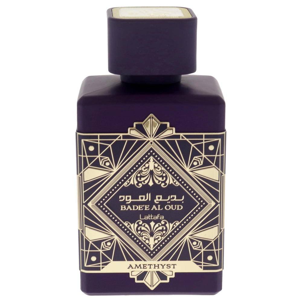 Lattafa Bade'e Al Oud Amethyst bottle side highlights sleek silhouette and premium aura.