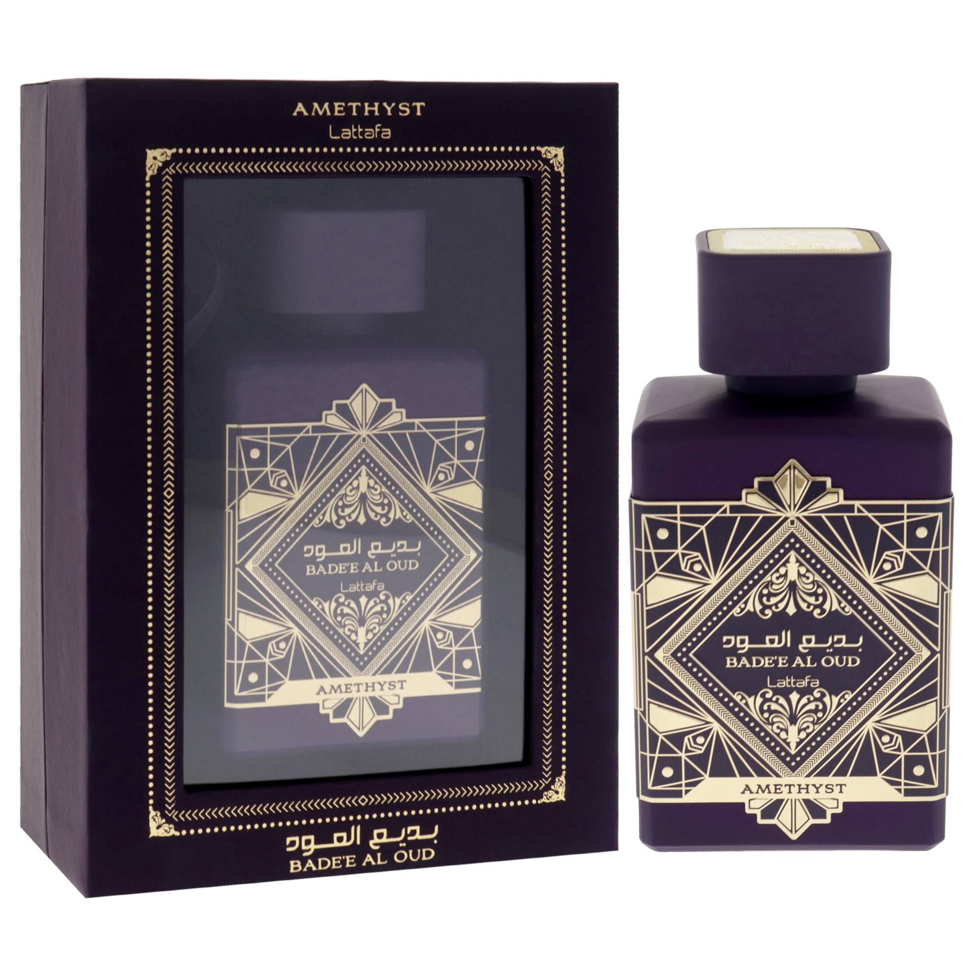Lattafa Bade'e Al Oud Amethyst cap closeup reveals refined finish and luxury feel.