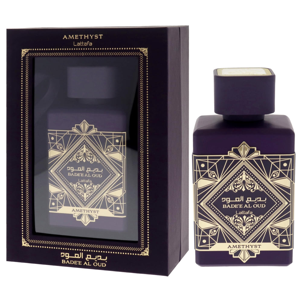 Lattafa Bade'e Al Oud Amethyst packaging box presents gifting-ready presentation.