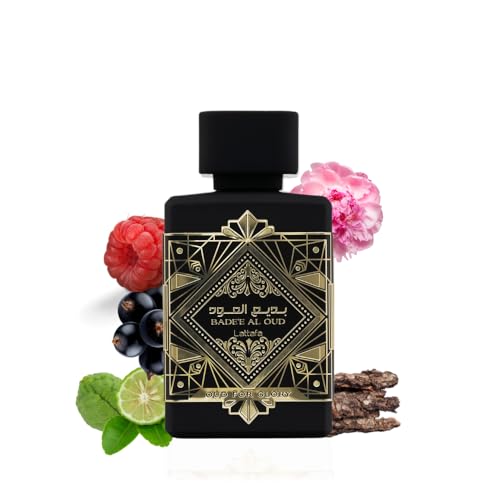 Lattafa Bade’e Al Oud bottle close-up emphasizes luxurious oud and spicy notes.