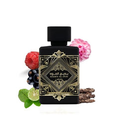 Lattafa Bade’e Al Oud bottle close-up emphasizes luxurious oud and spicy notes.