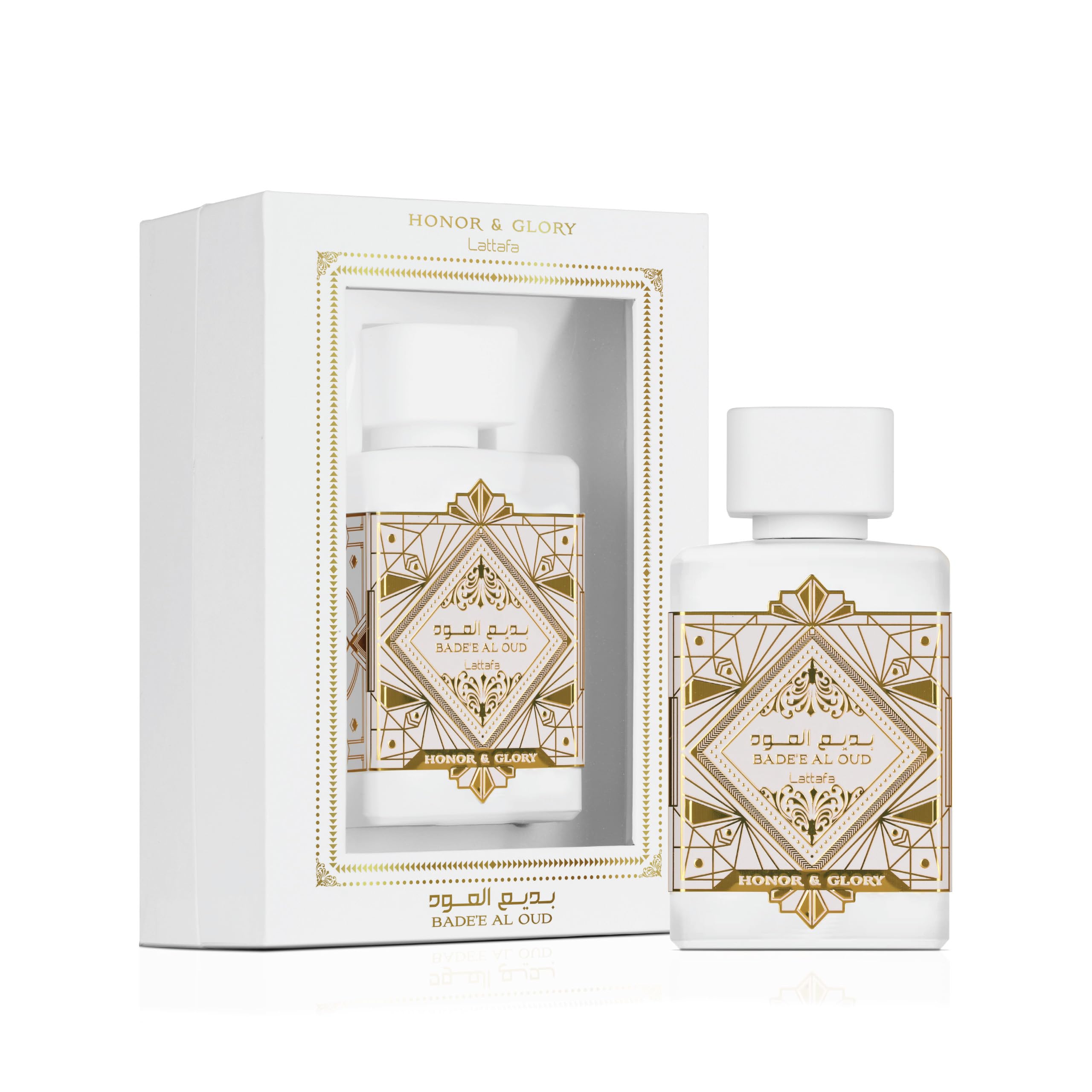 Lattafa Bade'e Al Oud Honor & Glory bottle angled shot for evening elegance