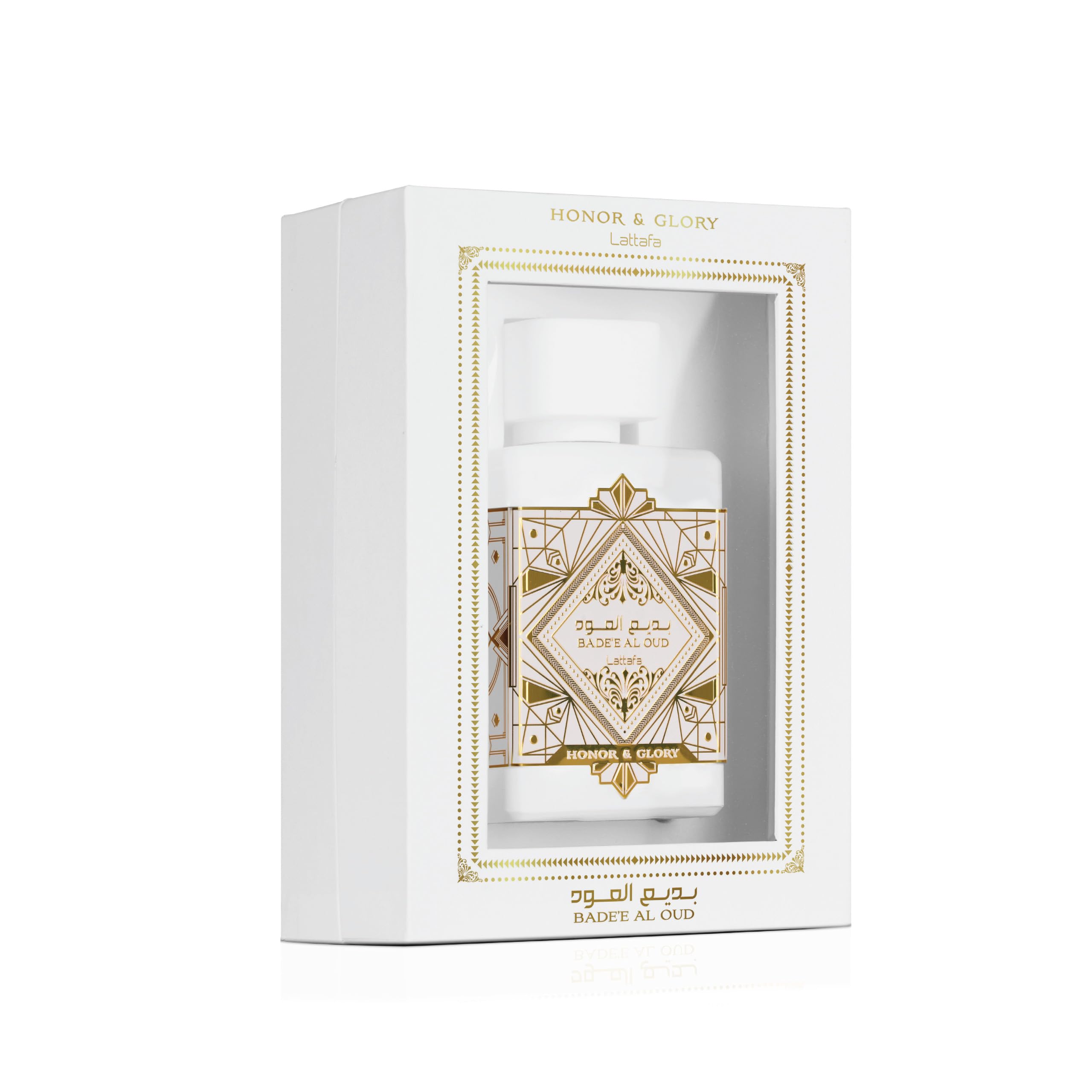 Lattafa Bade'e Al Oud Honor & Glory cap close-up highlighting premium packaging