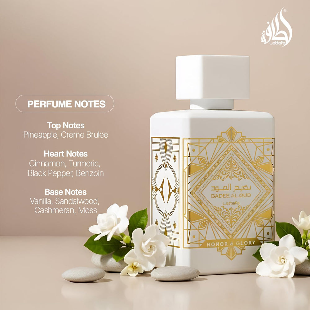 Lattafa Bade'e Al Oud Honor & Glory packaging box showcasing luxury packaging