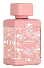 Lattafa Bade'e Al Oud Noble Blush bottle showing Rose Milk top notes for romance