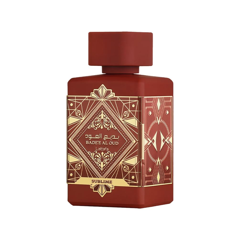Lattafa Badee Al Oud Sublime bottle on display for daily unisex fragrance use