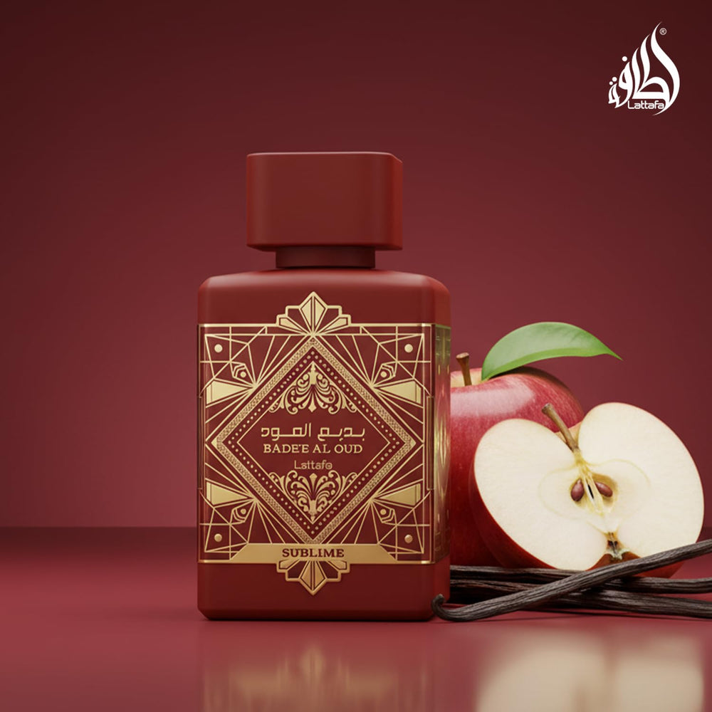 Lattafa Badee Al Oud Sublime top notes close-up with apple and lychee