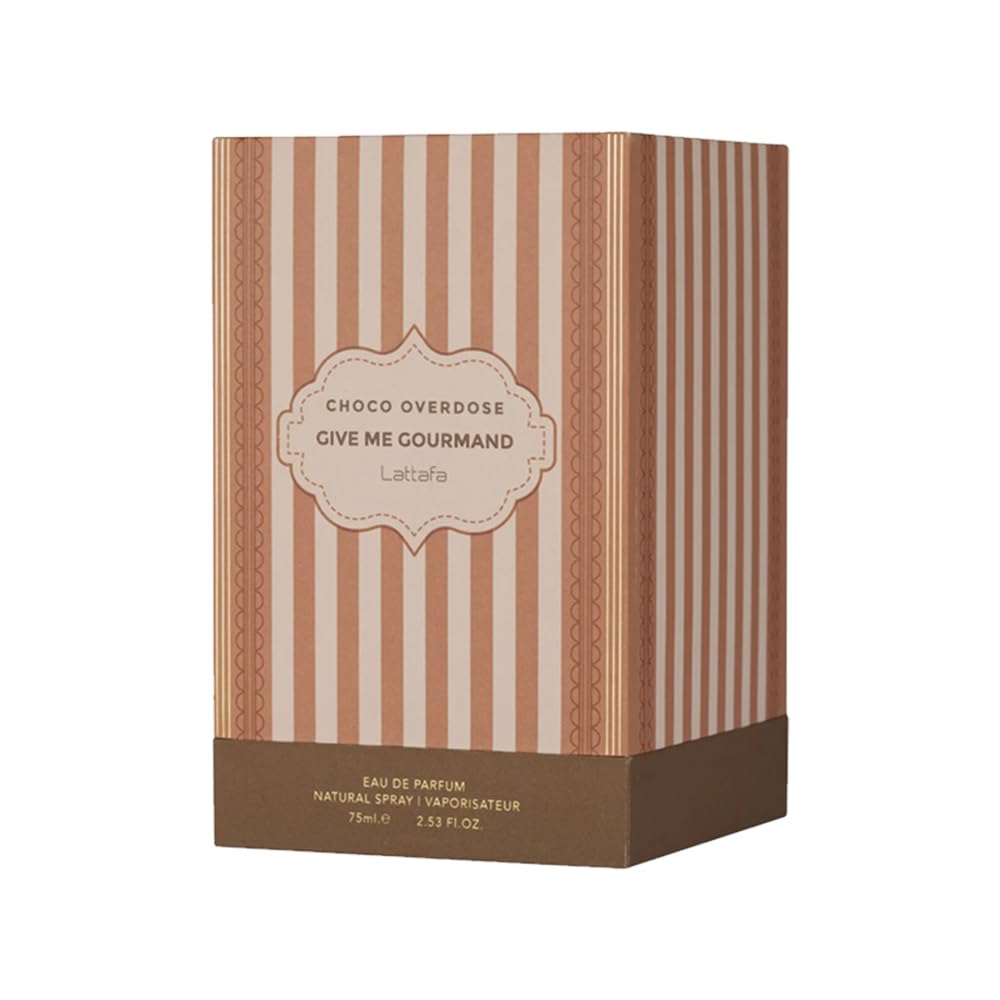 Lattafa Choco Overdose bottle side view emphasizing rich notes for memorable nights.