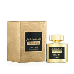 Lattafa Confidential Private Gold bottle label close-up, showcasing fruity notes for daily appeal.
