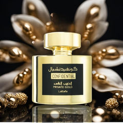 Lattafa Confidential Private Gold lifestyle shot, versatile for men and women.