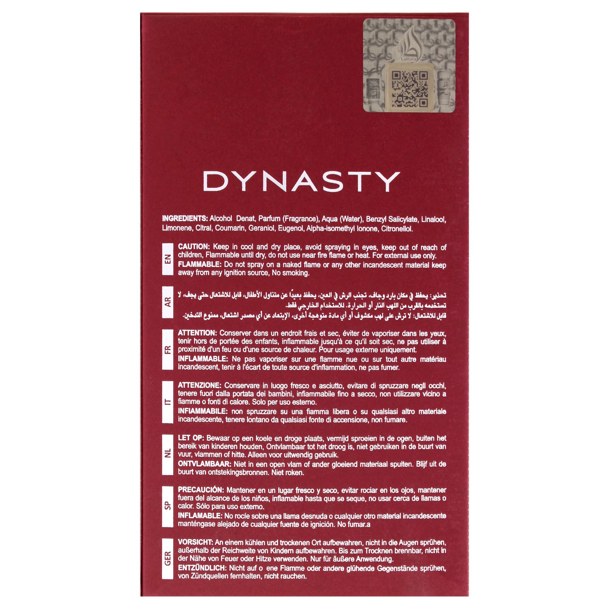 Lattafa Dynasty packaging detail with sleek bottle craftsmanship