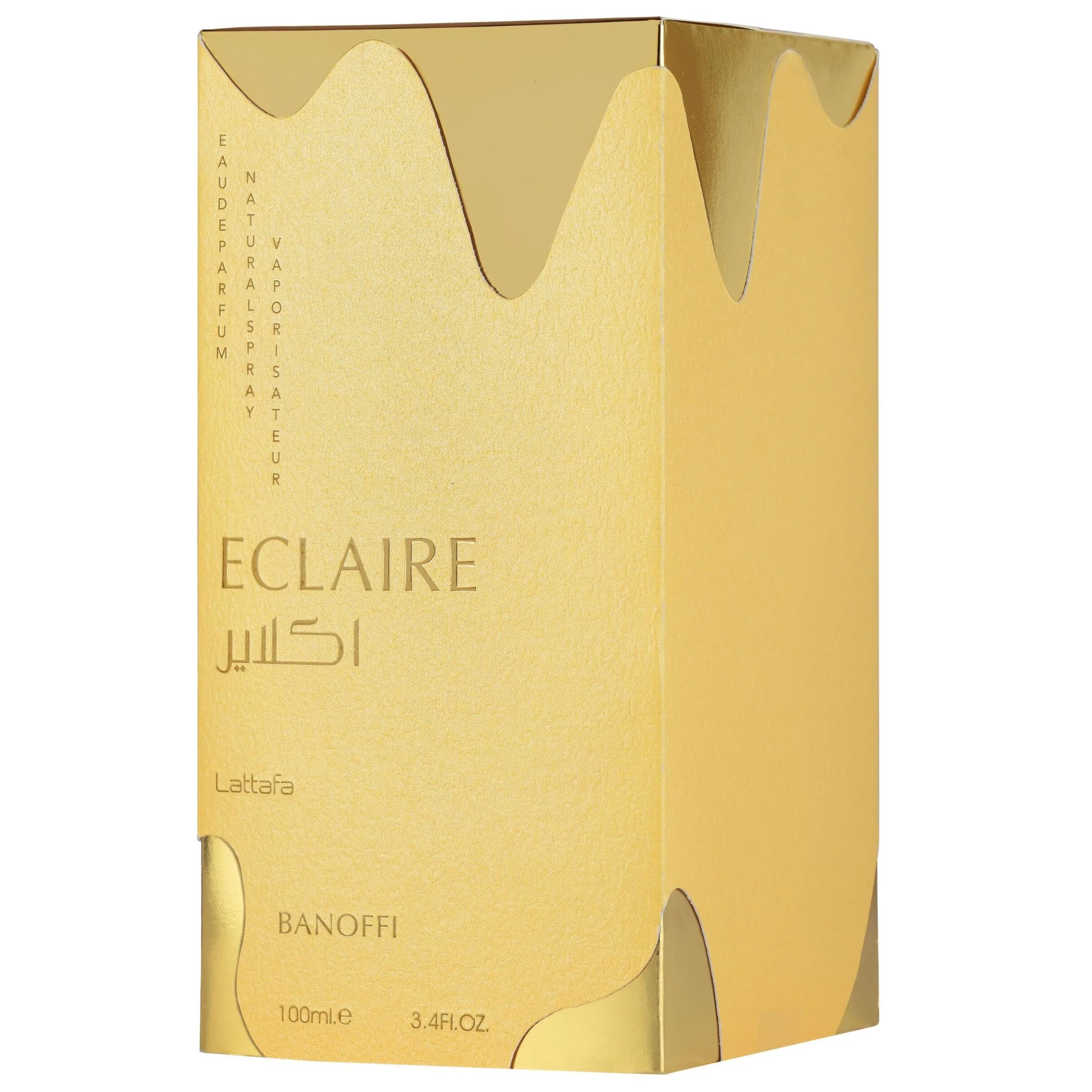 Lattafa Eclaire Banoffi packaging highlights playful luxury and sweetness.