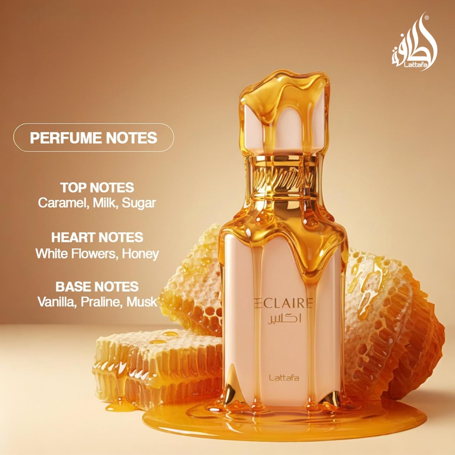 Lattafa Eclaire heart notes white flowers and honey blend softly.