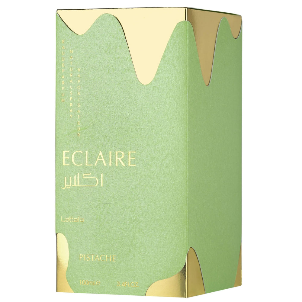 Lattafa Eclaire Pistache base of vanilla, milk, and musk for a soft, comforting trail