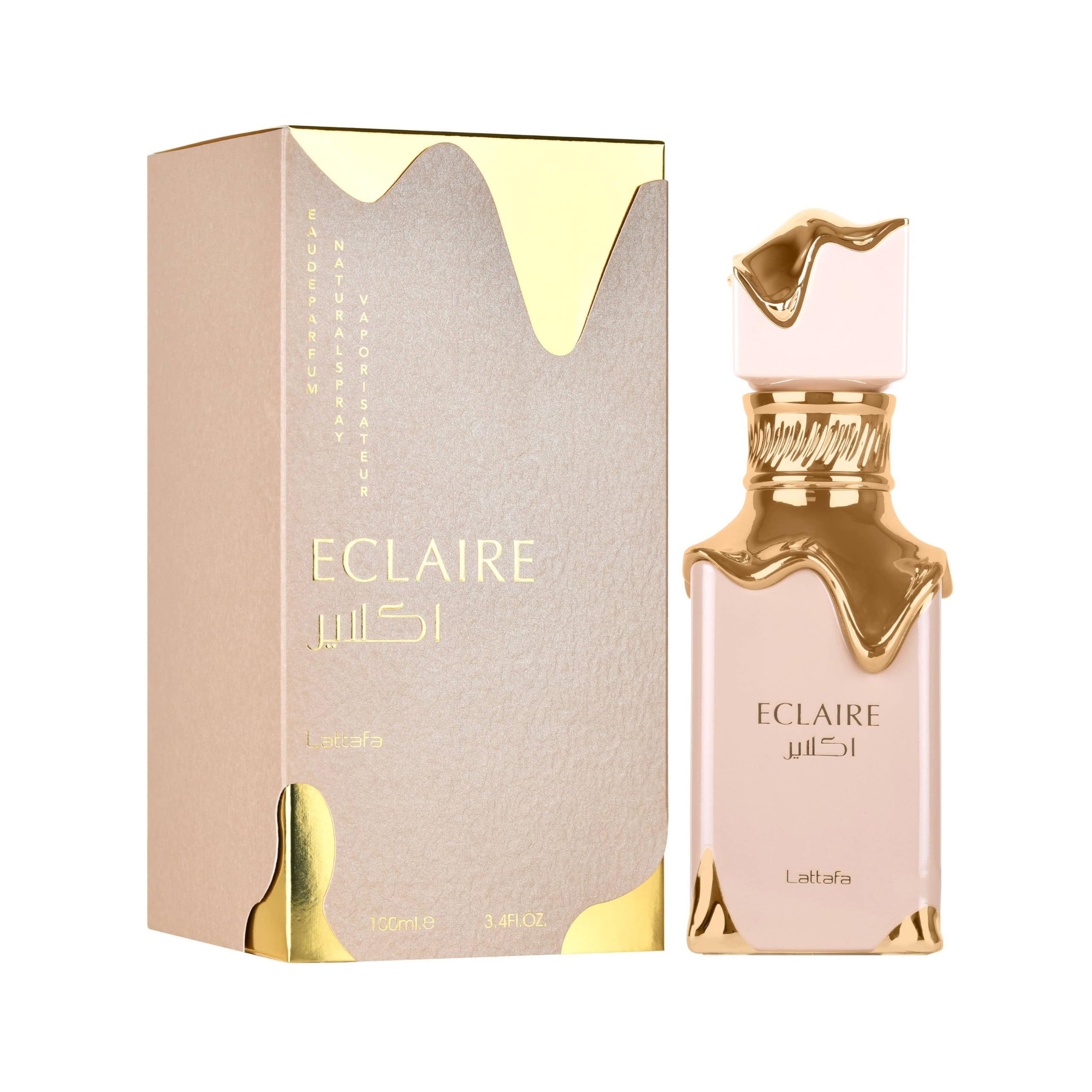 Lattafa Eclaire top notes caramel, milk, and sugar offer a sweet opening.