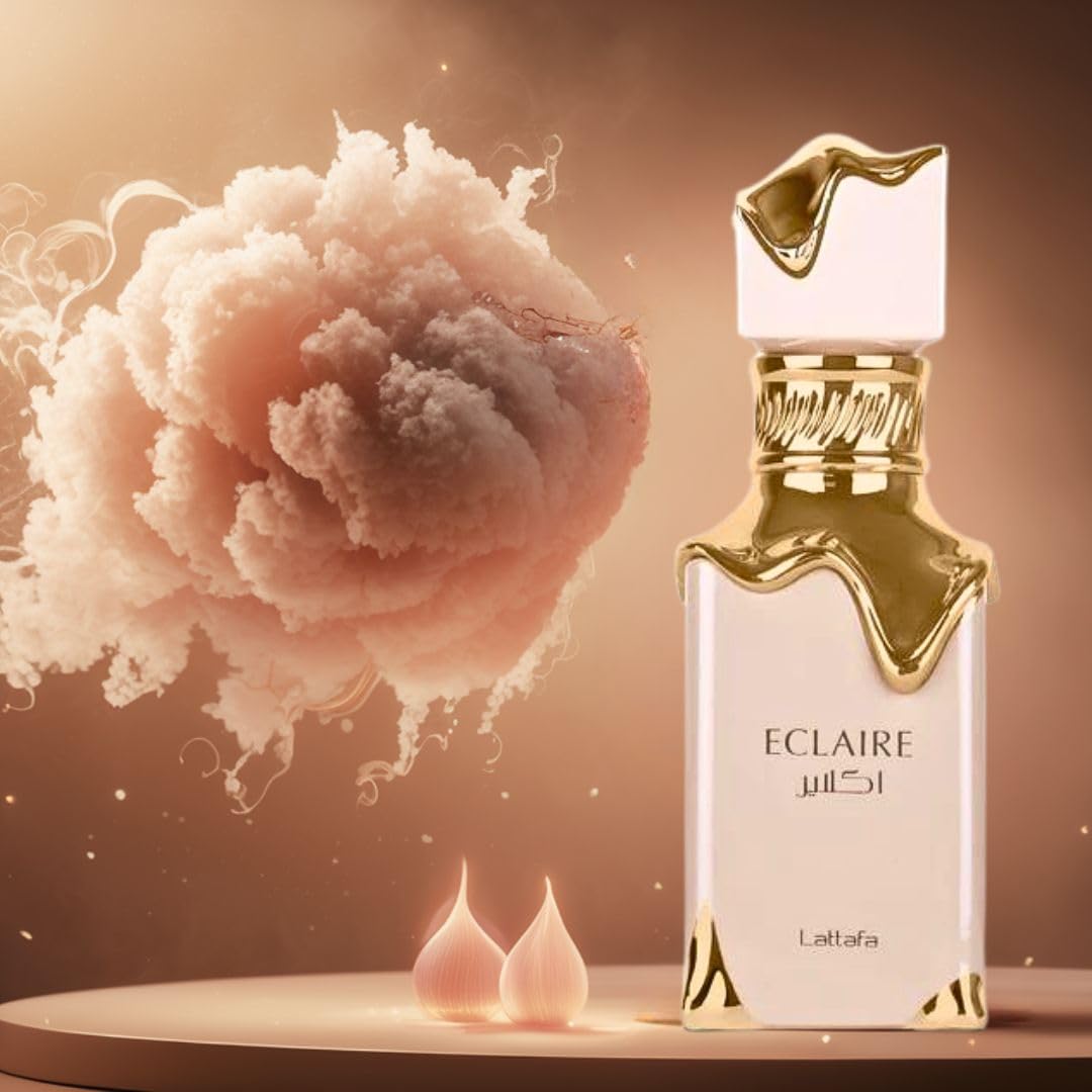Lattafa Eclaire bottle amber hue suggesting warmth.