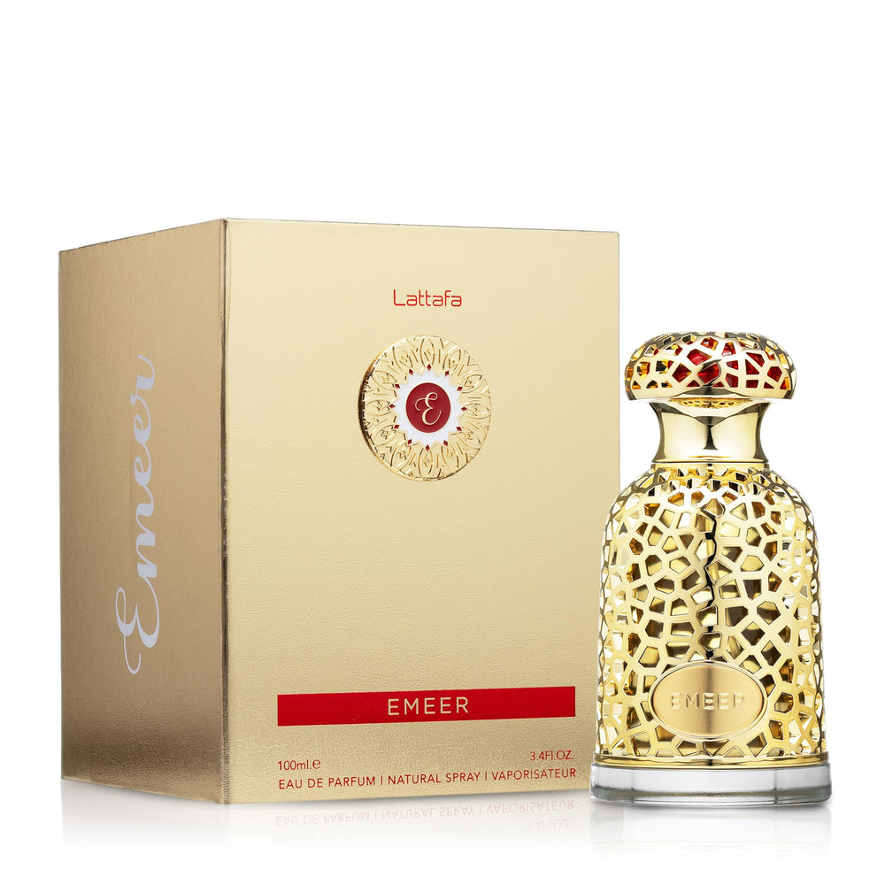 Lattafa Emeer bottle cap close-up emphasizing premium packaging and attention to detail.