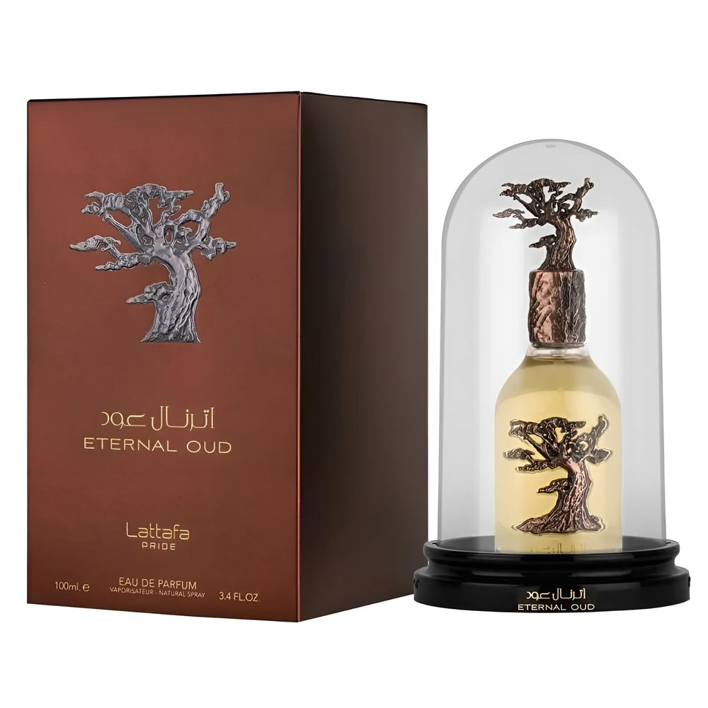 Lattafa Eternal Oud packaging box emphasizes luxury and unisex appeal.