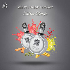 Lattafa Fakhar Platin spray nozzle releasing a smooth fragrance mist.