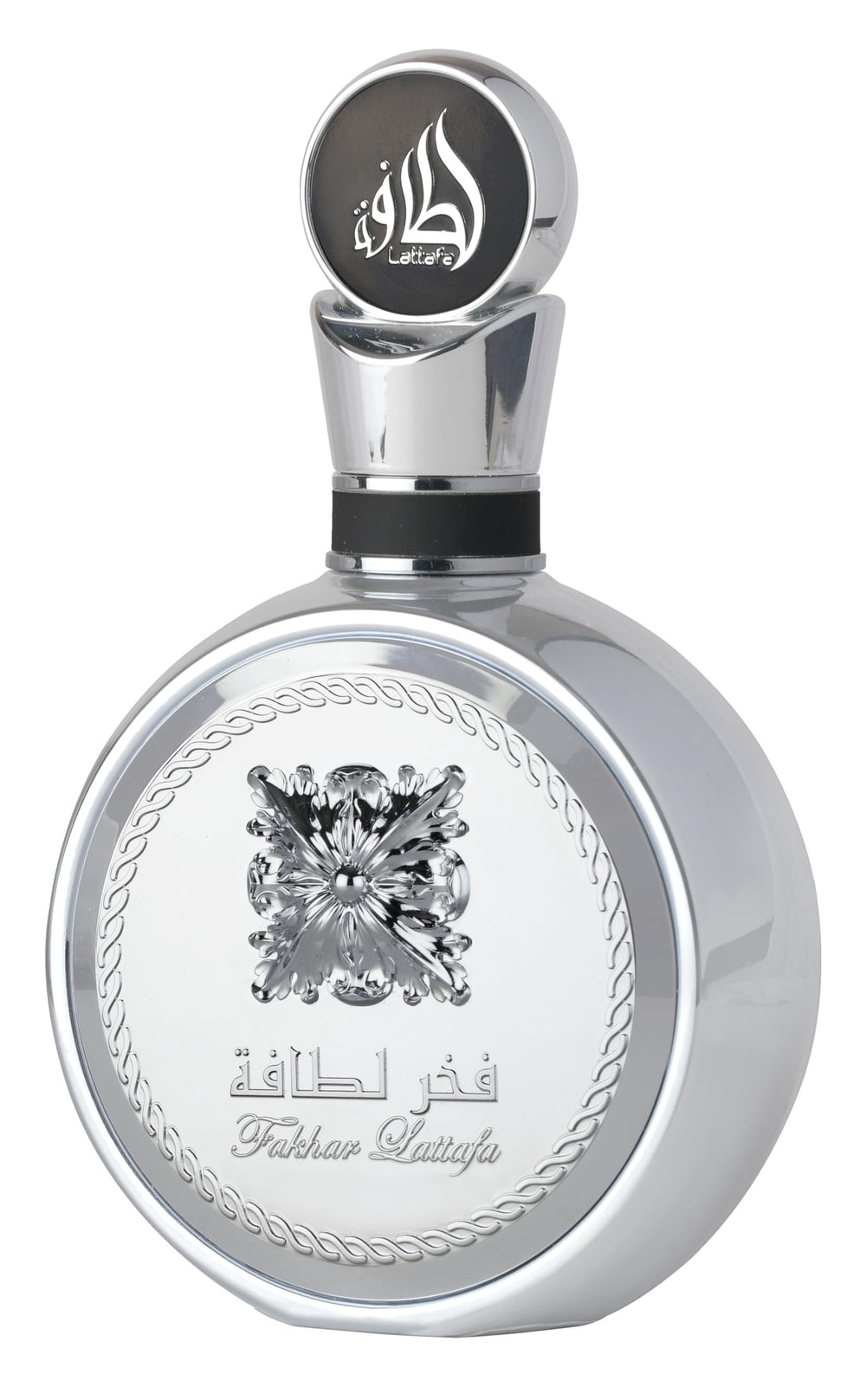 Lattafa Fakhar Platin bottle front showing citrus-spicy aroma for daily confidence.