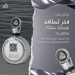 Lattafa Fakhar Platin bottle side with modern, elegant design.