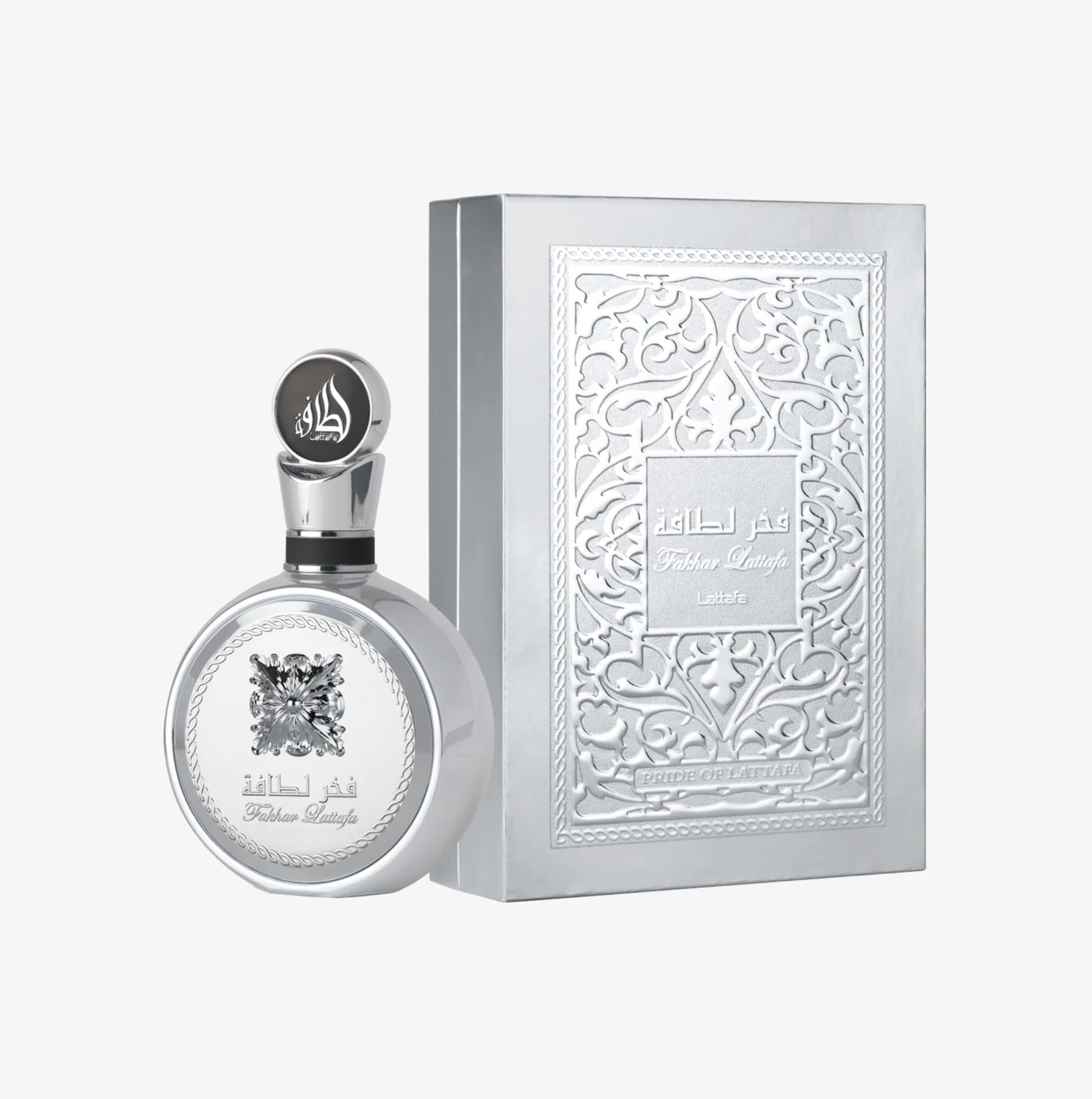 Lattafa Fakhar Platin worn on the wrist for versatile day-to-night scent.