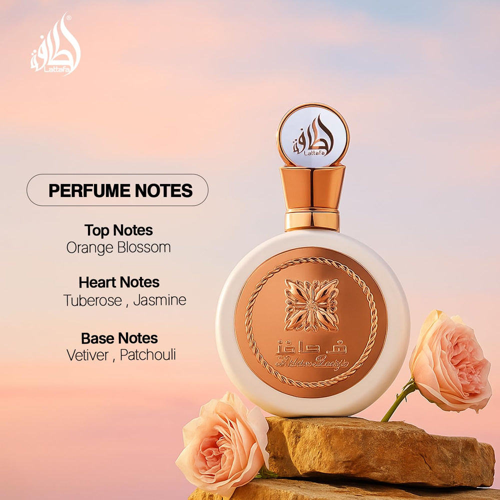 Lattafa Fakhar on a vanity setup, suggesting versatile fragrance for day or night.