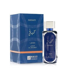 Lattafa Hayaati Al Maleky bottle back view showing premium details for evening use.