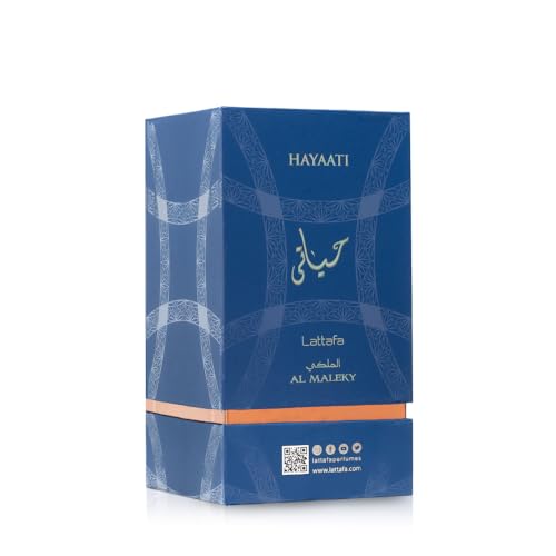 Lattafa Hayaati Al Maleky packaging box front, premium gifting presentation.